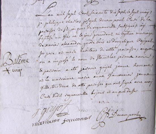 Registre paroissial de Regnauville, acte de baptême du 7 mai 1777