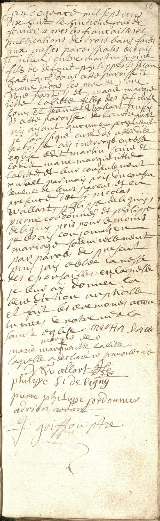 Registre d'état civil d'Erny-Saint-Julien, 1718. Premier mariage en date du 8 février 1718